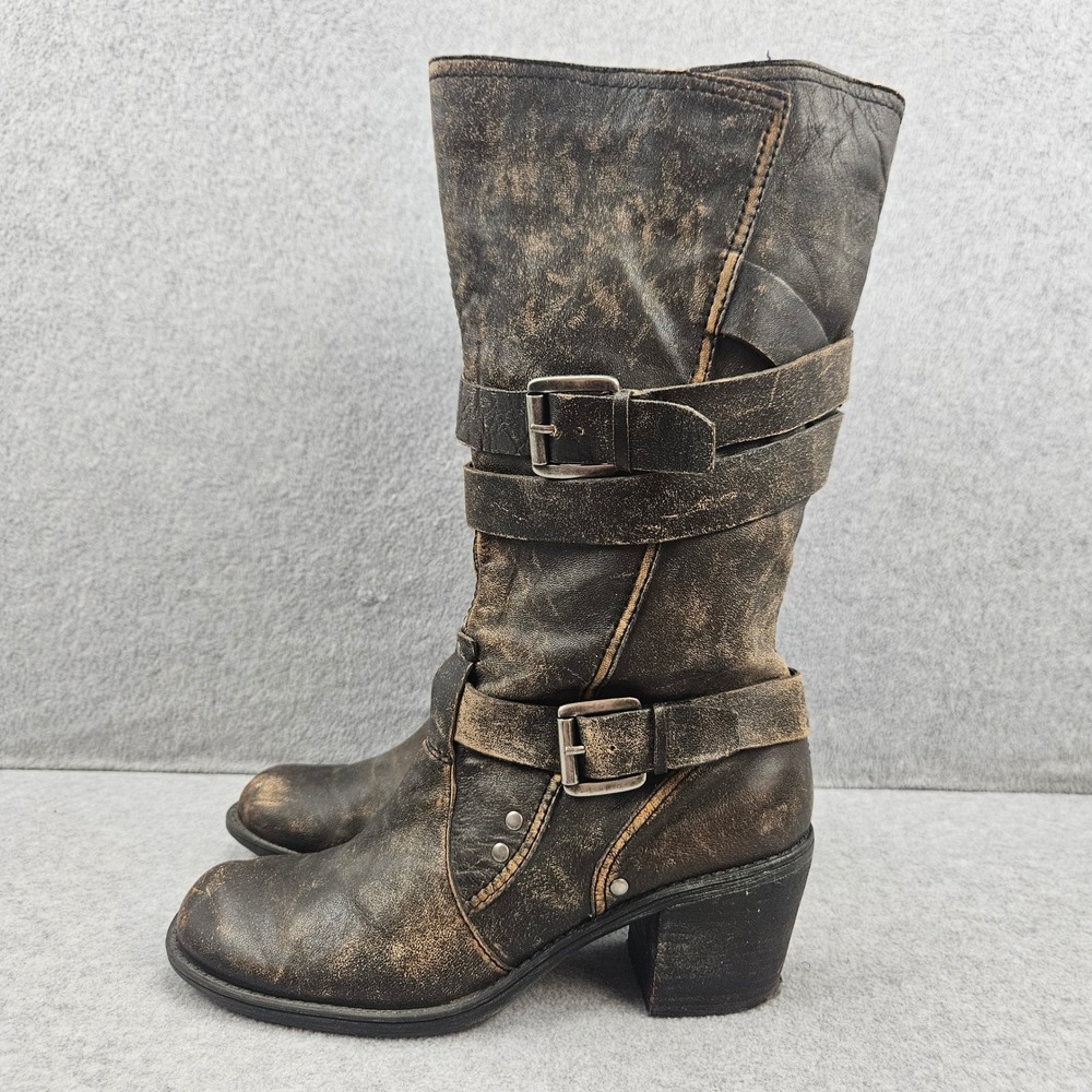 NINE WEST Boots Women 7.5 Brown Distressed Buckle Moto Grunge Biker Mid Calf